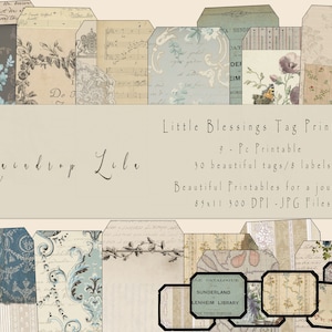 Puede incluir: Un conjunto de 30 etiquetas imprimibles de estilo vintage con diseños florales y estampados. Las etiquetas miden 21,6 cm por 27,9 cm y 300 DPI. El texto de la imagen dice "Little Blessings Tag Printable 9-Pc Printable 30 beautiful tags/8 labels Beautiful Printables for a journal 85x11 300 DPI - JPG Files"