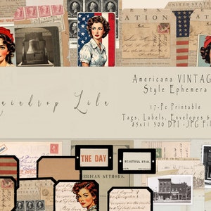 Americana vintage Style Ephemera - Junk Journal kit - Raindrop Lila Collection, scrapbooking, vétéran, armée, 4 juillet, jour de l'indépendance