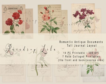 May include: A set of 14 printable vintage journal pages featuring roses and handwritten text. The pages are perfect for scrapbooking, card making, and other paper crafts. The text on the pages includes "BLOQUET JEUNE" and "Romantic Antique Documents Tall Journal Layout".