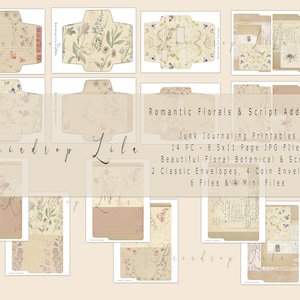 Könnte beinhalten: Ein digitaler Download von 14 druckbaren Seiten mit romantischen Blumen- und Schriftdesigns. Die Seiten sind perfekt für Junk Journaling und beinhalten 2 klassische Umschläge, 4 Münz-Umschläge, 6 Dateien und 4 Mini-Dateien. Die Seiten sind 8,5 x 11 Zoll groß.