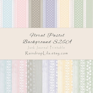 May include: A digital paper set with pastel shades of blue, pink, and yellow. The design incorporates polka dots, stripes, and floral lace patterns. Text reads "Floral Pastel Background S260A Junk Journal Printable RaindropLila.etsy.com."