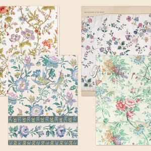 May include: Four different floral patterns on fabric. The patterns feature various flowers, leaves, and birds in shades of pink, blue, green, and yellow. The fabric is white with a subtle texture.