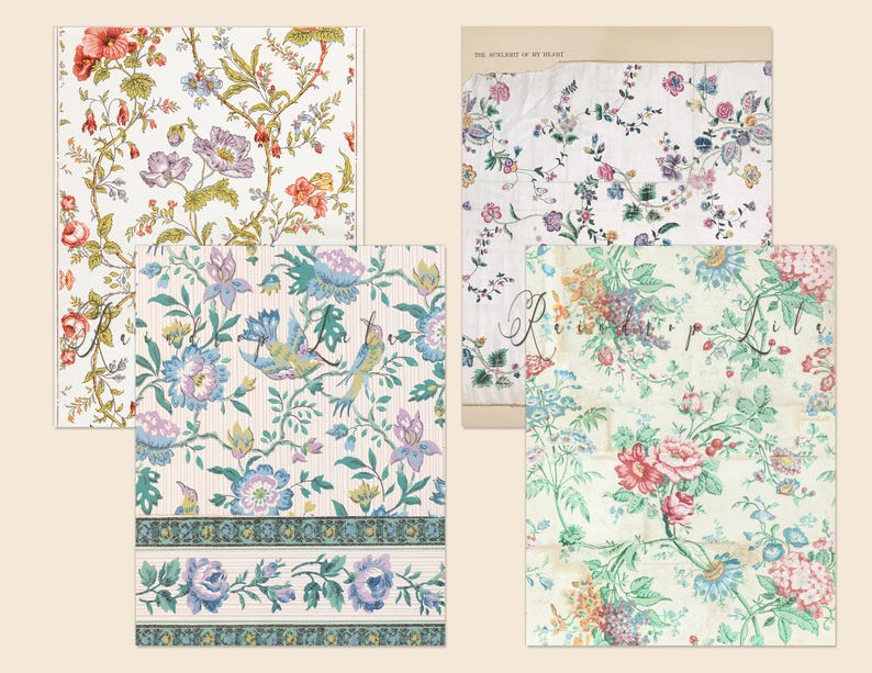 May include: Four different floral patterns on fabric. The patterns feature various flowers, leaves, and birds in shades of pink, blue, green, and yellow. The fabric is white with a subtle texture.
