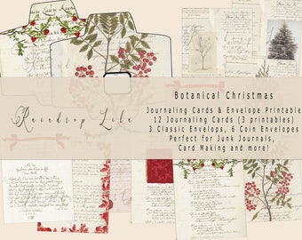 Botanical Christmas Ephemera Junk Journal Printable with French Script Background -INSTANT DOWNLOAD- Raindrop Lila, RoseRed