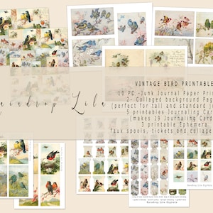Papier imprimable vintage oiseau et éphémères - cartes de journalisation - TÉLÉCHARGEMENT IMMÉDIAT - Raindrop Lila Junk Journal numérique