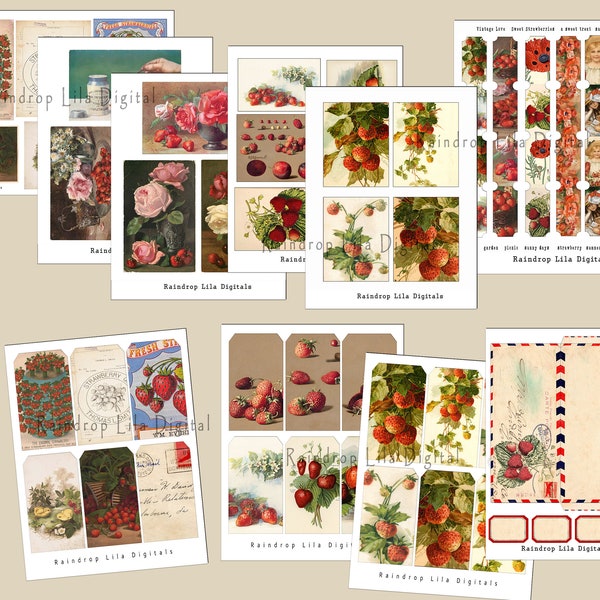 Vintage Strawberry Ephemera Kit II - 10 PCs DIGITAL PRINTABLES - for Junk Journal