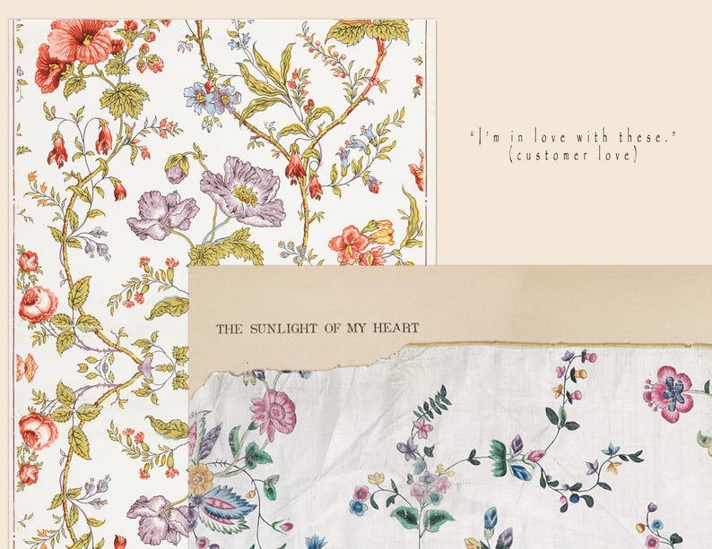 May include: Two fabric swatches with floral patterns. The top swatch features a white background with pink, red, and green flowers. The bottom swatch features a white background with blue, pink, and green flowers. The text "THE SUNLIGHT OF MY HEART" is visible on the bottom swatch.