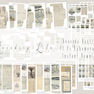 May include: A digital download kit of 33 printable images with a nautical theme. The images include envelopes, tags, banners, and papers with illustrations of ships, seashells, and other nautical elements. The kit is titled "Seaside Nautical 33 Pc Ephemera Kit Instant Download" and is by Raindrop Lila Digital.