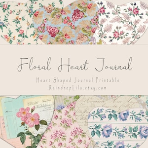 Diário Floral em Formato de Coração para Imprimir, Kit Vintage - DOWNLOAD INSTANTÂNEO - Kit Digital Raindrop Lila para Junk Journaling, Flores Pastel