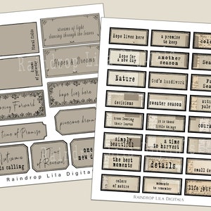 Nature Printable sentiments, Labels for Junk Journals Collaging and Planner, Raindrop Lila