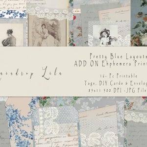 Vrij blauwe add-on kortstondige afdrukbare, ongewenste tijdschrifttags, enveloppen, DIY-kaarten, vintage bloemen, Frans behang, digitaal, regendruppels lila kunst