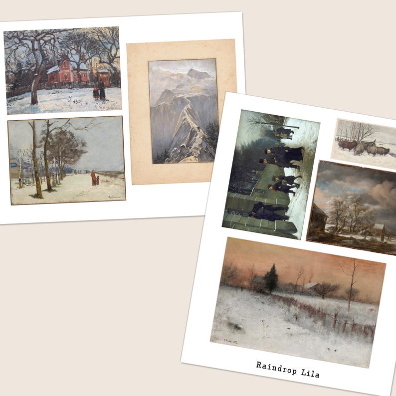 May include: A collection of framed winter landscape paintings. The artworks depict snowy scenes with trees, buildings, and figures. One painting features a mountain range. The text "Raindrop Lila" is visible at the bottom.