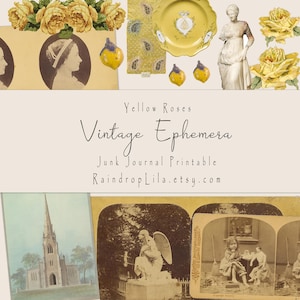 Gelbe Rosen Vintage Ephemera zum Ausdrucken, Junk Journal Kit, INSTANT DOWNLOAD, Raindrop Lila digital, Scrapbooking,
