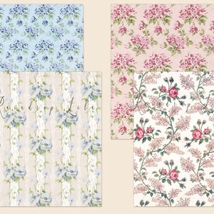 May include: Four digital paper patterns featuring floral designs. The patterns include blue flowers on a light blue background, white flowers on a light beige background with vertical stripes, pink flowers on a light pink background, and red roses on a white background with small pink flowers.