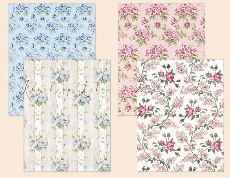 May include: Four digital paper patterns featuring floral designs. The patterns include blue flowers on a light blue background, white flowers on a light beige background with vertical stripes, pink flowers on a light pink background, and red roses on a white background with small pink flowers.