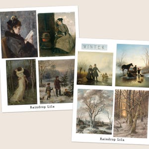 May include: A collection of vintage winter-themed art prints. The prints depict scenes of people in winter landscapes, including figures ice skating, walking in the snow, and reading. The prints have a muted color palette with a romantic and nostalgic feel.