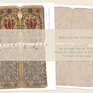 Kit para impressão de diário Boho, capas de diário vintage bordadas e com miçangas e páginas internas, diário digital Raindrop Lila Junk