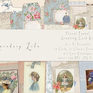 Kit de cartão de felicitações floral pastel, kit de complementos para impressão de diário de lixo, cartões e envelopes faça você mesmo, Raindrop Lila AU24 Art