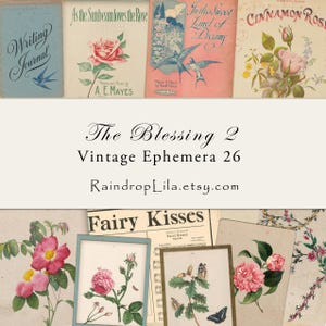 May include: A collection of vintage ephemera featuring floral illustrations, birds, and butterflies. The images include text such as Writing Journal, As the Sunbeam loves the Rose, In the Sweet Land of Dreams, Cinnamon Rose, The Blessing 2, and Fairy Kisses.