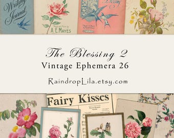 May include: A collection of vintage ephemera featuring floral illustrations, birds, and butterflies. The images include text such as Writing Journal, As the Sunbeam loves the Rose, In the Sweet Land of Dreams, Cinnamon Rose, The Blessing 2, and Fairy Kisses.