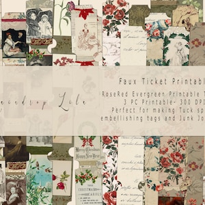 3 PC Ticket Printable - RoseRed EverGreen - Vintage Collection - Regentropfen Lila Digitaler Download - Journaling Prompts