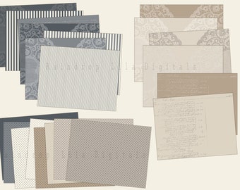 Puede incluir: Un conjunto de patrones de papel digital en tonos grises y beige. Los patrones incluyen rayas, lunares y diseños de encaje.