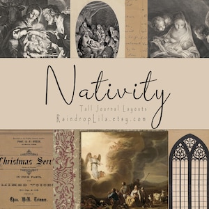 Nativity Tall Christmas Layouts, C124, Scrapbook, Raindrop Lila Junk Journal Printable