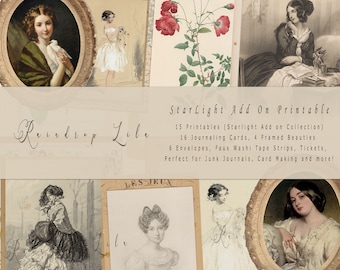 May include: A collection of vintage-style printable ephemera for junk journals and card making. The image features portraits, floral illustrations, and text that reads "StarLight Add On Printable" and "Raindrop Lila". Includes journaling cards, envelopes, and faux washi tape strips.