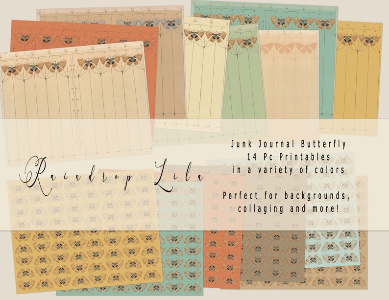 May include: A set of 14 printable digital papers featuring a butterfly design in various colors. The papers are perfect for junk journaling, scrapbooking, and other craft projects. The text "Junk Journal Butterfly 14 Pc Printables in a variety of colors Perfect for backgrounds, collaging and more!" is included in the image.