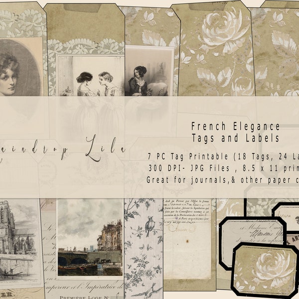 French Elegance -TAG Printable - Vintage Neutral Journal Printable - Raindrop Lila Digital Download