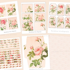 Roses roses pêche - kit de papier imprimable - enveloppes, cartes de correspondance, étiquettes et étiquettes