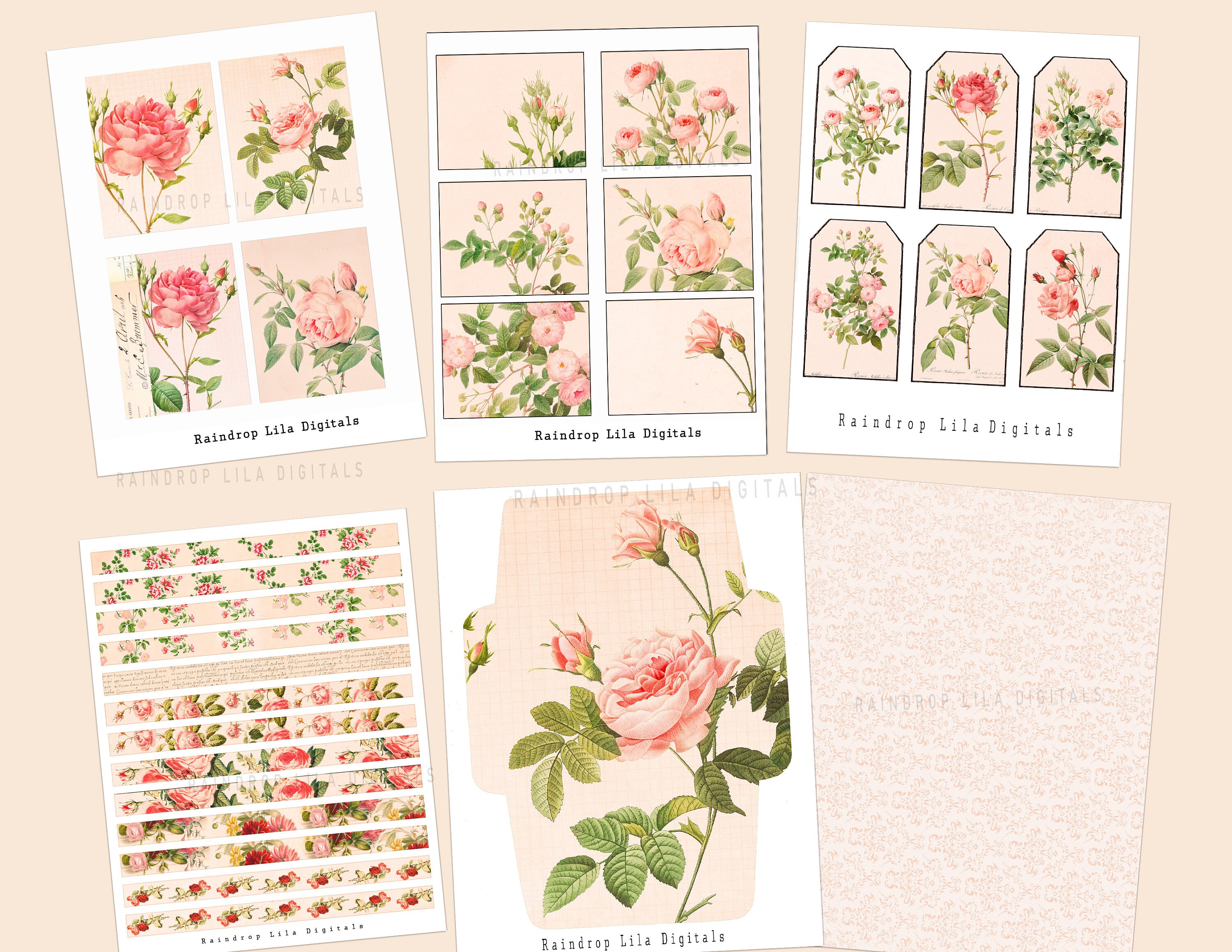 Peachy PINK Roses Printable Paper Kit Envelopes Notecards | Etsy