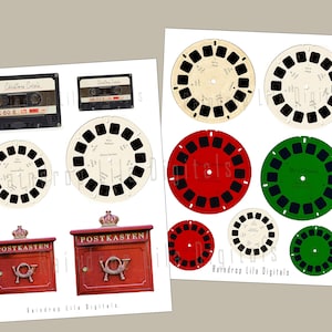 Casete de cinta y buzón imprimibles con visor de efímeras navideñas antiguas Recortes elegantes para diarios basura digitales