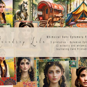 Caprichosa Boho Ephemera Imprimible- 3 PC Boho Princess Journaling Cards- Kit digital gitano - Raindrop Lila Art