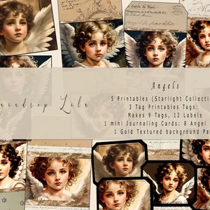 Angels Ephemera para impressão - etiquetas, etiquetas, cartões de registro no diário, diário de arte do Velho Mundo, gota de chuva Lila Junk Journal para impressão