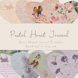 Diário em formato de coração pastel para impressão, kit vintage - DOWNLOAD INSTANTÂNEO - Kit digital Raindrop Lila para Junk Journaling, Pastel Florals