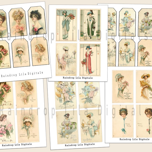 Victorian Valentine Ladies vintage cards and Tags, Vintage ephemera, Junk Journaling supplies, Collage