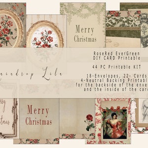 44 PC's DIY Card Makingt Kit afdrukbaar - RoseRed EverGreen - Vintage collectie - Raindrop Lila digitale download - Kaarten en enveloppen