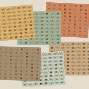 May include: Six different patterned paper sheets with a repeating design of stylized butterflies. The patterns are in shades of yellow, orange, brown, and blue.