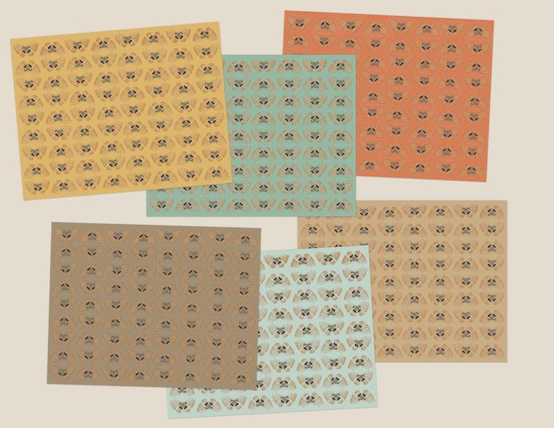 May include: Six different patterned paper sheets with a repeating design of stylized butterflies. The patterns are in shades of yellow, orange, brown, and blue.