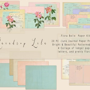 May include: A digital paper kit with 20 printable pages featuring a collage of ledger paper, letters, and floral designs. The kit is titled "Raindrop Lila Flora Belle Paper Kit".