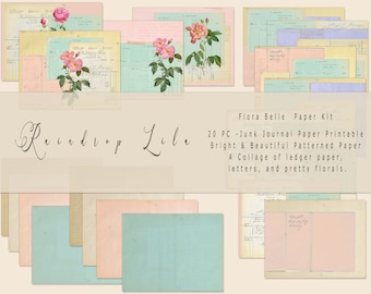 May include: A digital paper kit with 20 printable pages featuring a collage of ledger paper, letters, and floral designs. The kit is titled "Raindrop Lila Flora Belle Paper Kit".