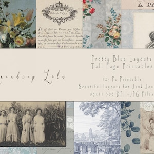 Pretty Blue Tall Layouts Printable, Vintage Floral, French Wallpaper kit, Junk Journal, digital kit, Raindrop Lila Art