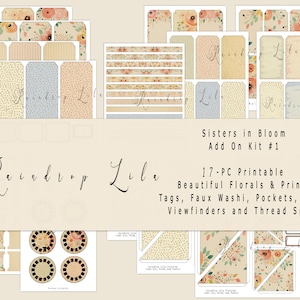 Junk Journal Printable ADD ON #1 - Sisters in Bloom -Instant Download, Collage Art digital, Raindrop Lila tags, pockets, washi, viewfinders