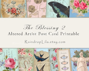 May include: A digital collage sheet featuring vintage-style postcards with floral motifs, a butterfly, swallows, a swan, and a classical figure. The text reads The Blessing 2 Altered Artist Post Card Printable and RaindropLila.etsy.com.