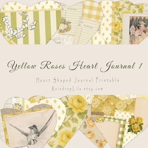 Kit vintage para imprimir diário em formato de coração com rosas amarelas - DOWNLOAD INSTANTÂNEO - Kit digital Raindrop Lila para diário de viagem, floral