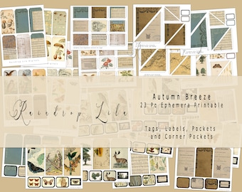 May include: A set of 23 printable autumn-themed ephemera, including tags, labels, pockets, and corner pockets. The ephemera features a variety of designs, including butterflies, mushrooms, birds, and leaves. The text "Autumn Breeze" and "23 Pc Ephemera Printable" is visible in the image.