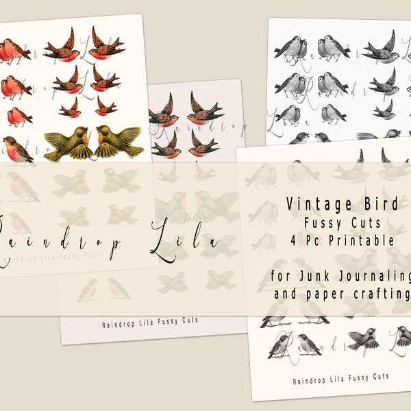 Vintage Bird Fussy Cut Printable -digital stickers- Ephemera birds- Raindrop Lila