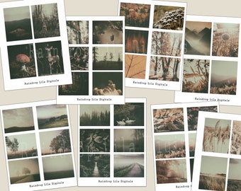 May include: A set of 12 digital printable images featuring a vintage aesthetic with nature scenes. The images include a variety of landscapes, including forests, fields, and mountains. The images are in muted tones of brown, green, and beige.