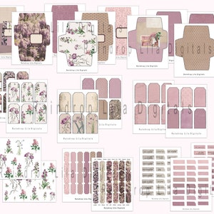 Materiale effimero stampabile Lavender Mae, buste floreali, etichette, biglietti, nastro washi finto, messaggi, kit per posta ordinaria